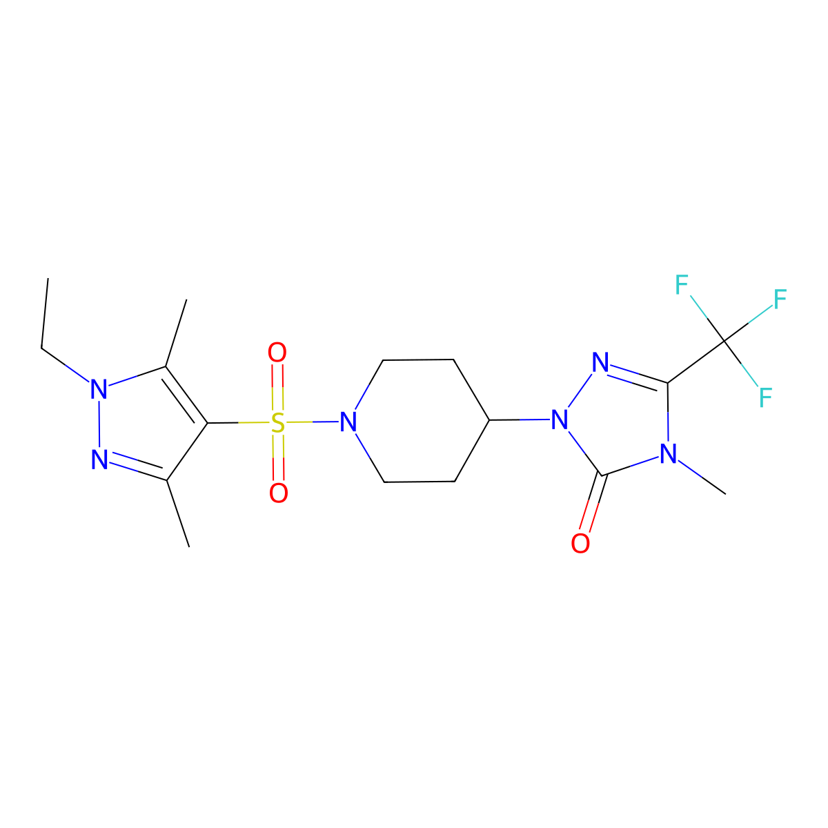 1-(1-((1-ethyl-3,5-dimethyl-1H-pyrazol-4-yl)sulfonyl)piperidin-4-yl)-4-methyl-3-(trifluoromethyl)-1H-1,2,4-triazol-5(4H)-one molecular structure, CAS 2034603-69-3