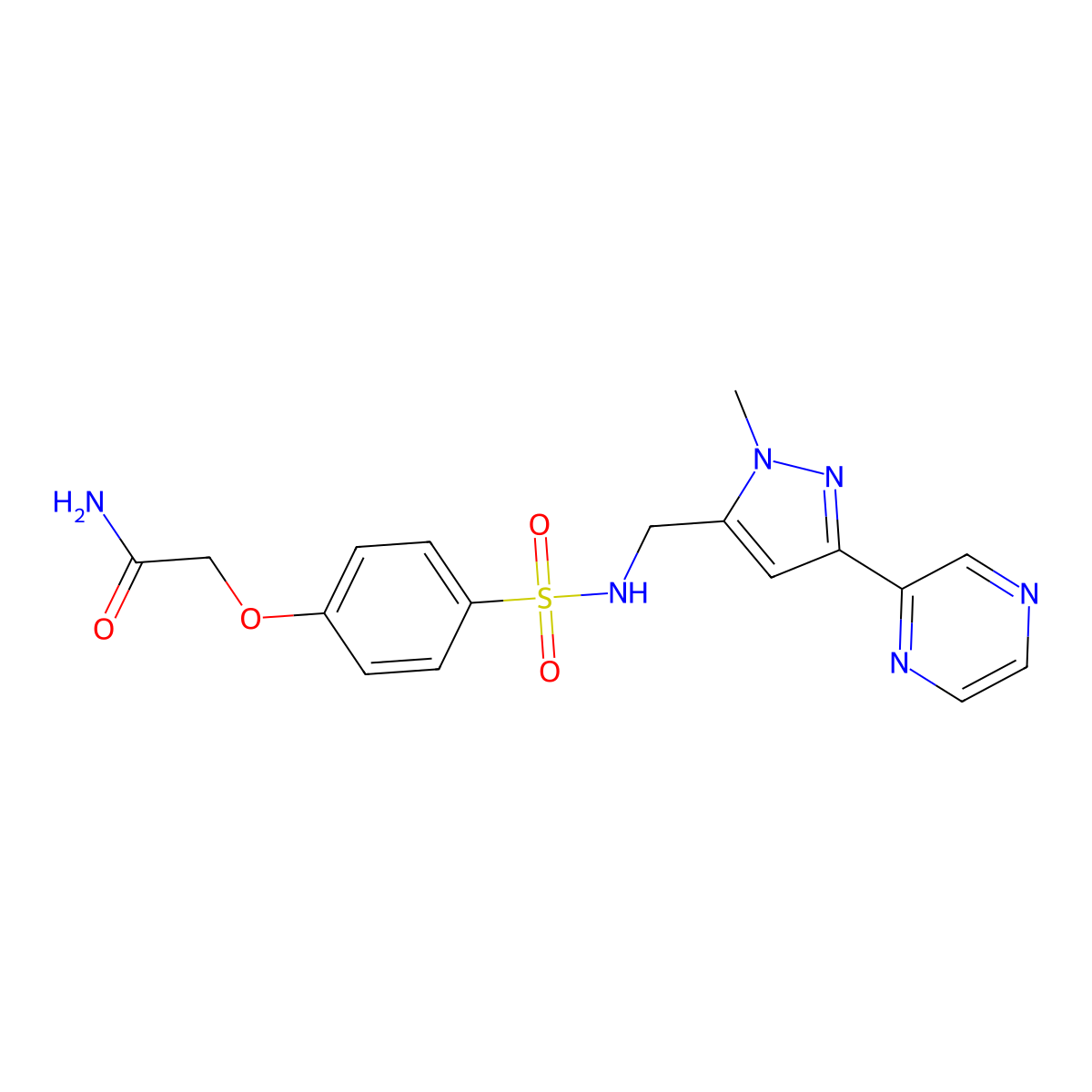 2-(4-(N-((1-methyl-3-(pyrazin-2-yl)-1H-pyrazol-5-yl)methyl)sulfamoyl)phenoxy)acetamide molecular structure, CAS 2034603-70-6