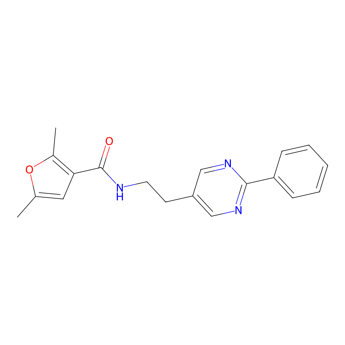 2,5-dimethyl-N-[2-(2-phenylpyrimidin-5-yl)ethyl]furan-3-carboxamide molecular structure, CAS 2034603-82-0