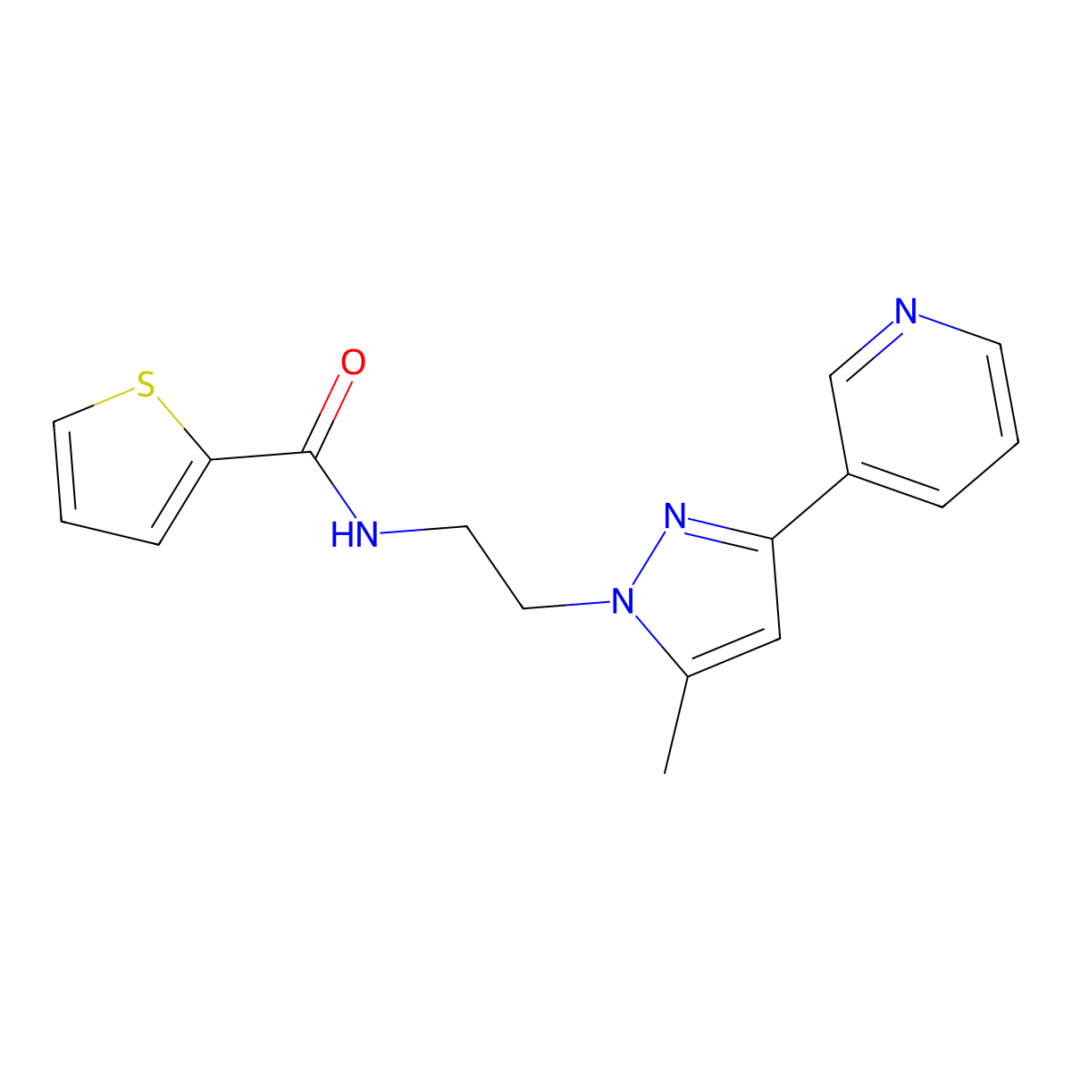 N-(2-(5-methyl-3-(pyridin-3-yl)-1H-pyrazol-1-yl)ethyl)thiophene-2-carboxamide molecular structure, CAS 2034603-83-1