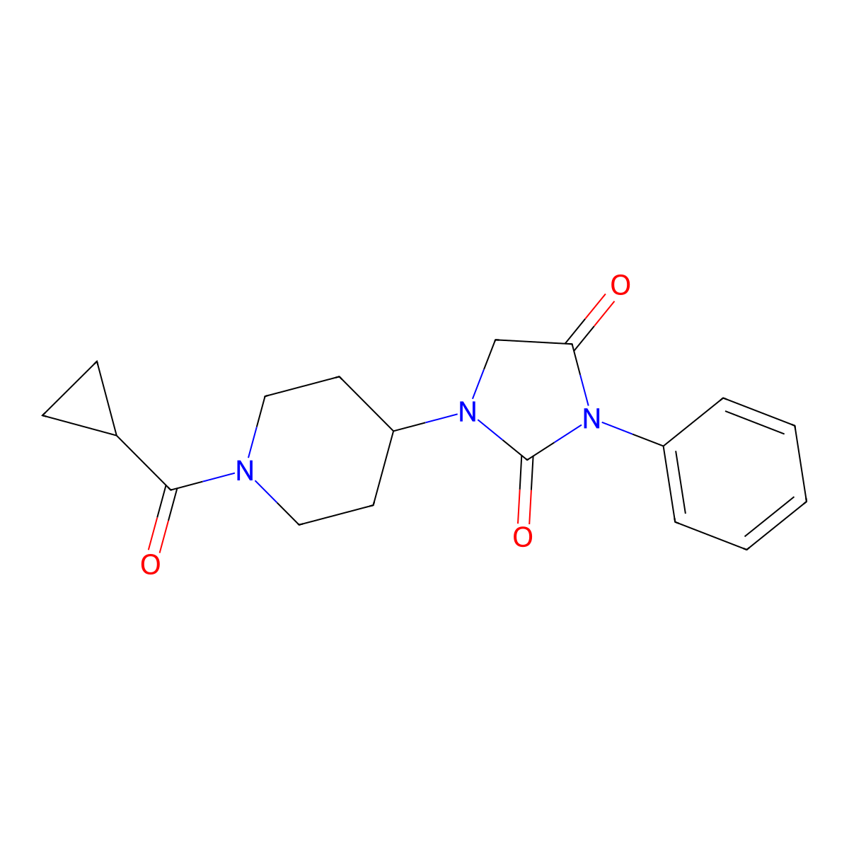 1-(1-(Cyclopropanecarbonyl)piperidin-4-yl)-3-phenylimidazolidine-2,4-dione molecular structure, CAS 2034603-86-4