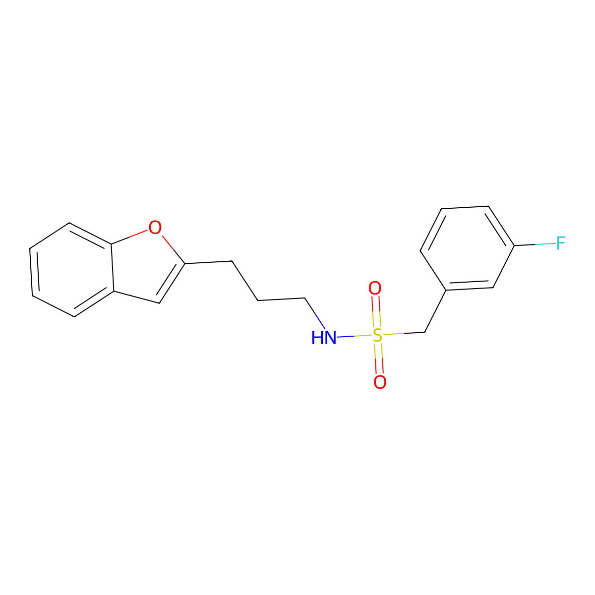 N-(3-(benzofuran-2-yl)propyl)-1-(3-fluorophenyl)methanesulfonamide molecular structure, CAS 2034603-90-0