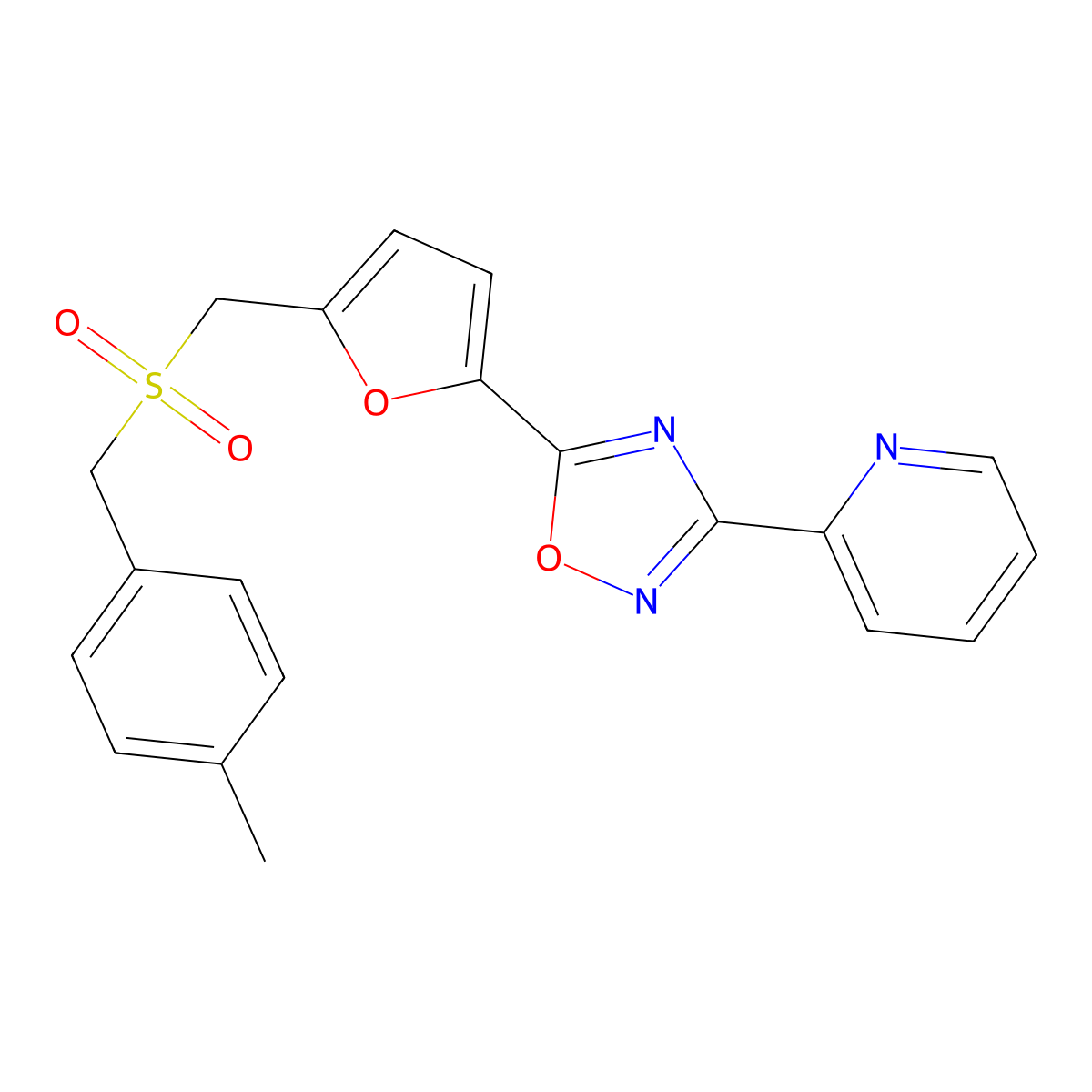 5-(5-(((4-Methylbenzyl)sulfonyl)methyl)furan-2-yl)-3-(pyridin-2-yl)-1,2,4-oxadiazole molecular structure, CAS 2034604-01-6