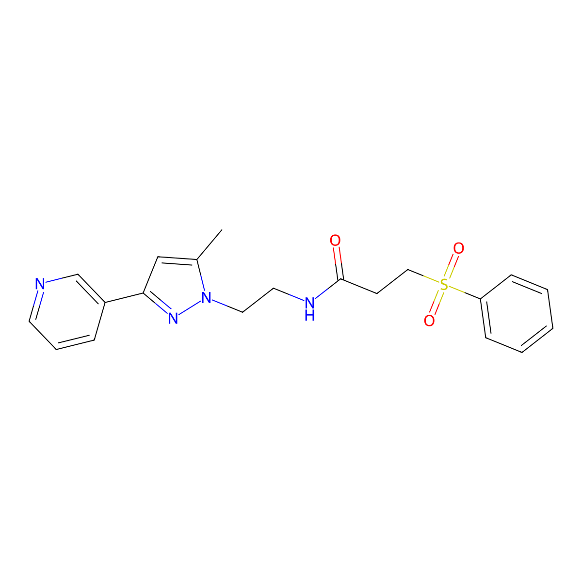 N-(2-(5-methyl-3-(pyridin-3-yl)-1H-pyrazol-1-yl)ethyl)-3-(phenylsulfonyl)propanamide molecular structure, CAS 2034604-17-4