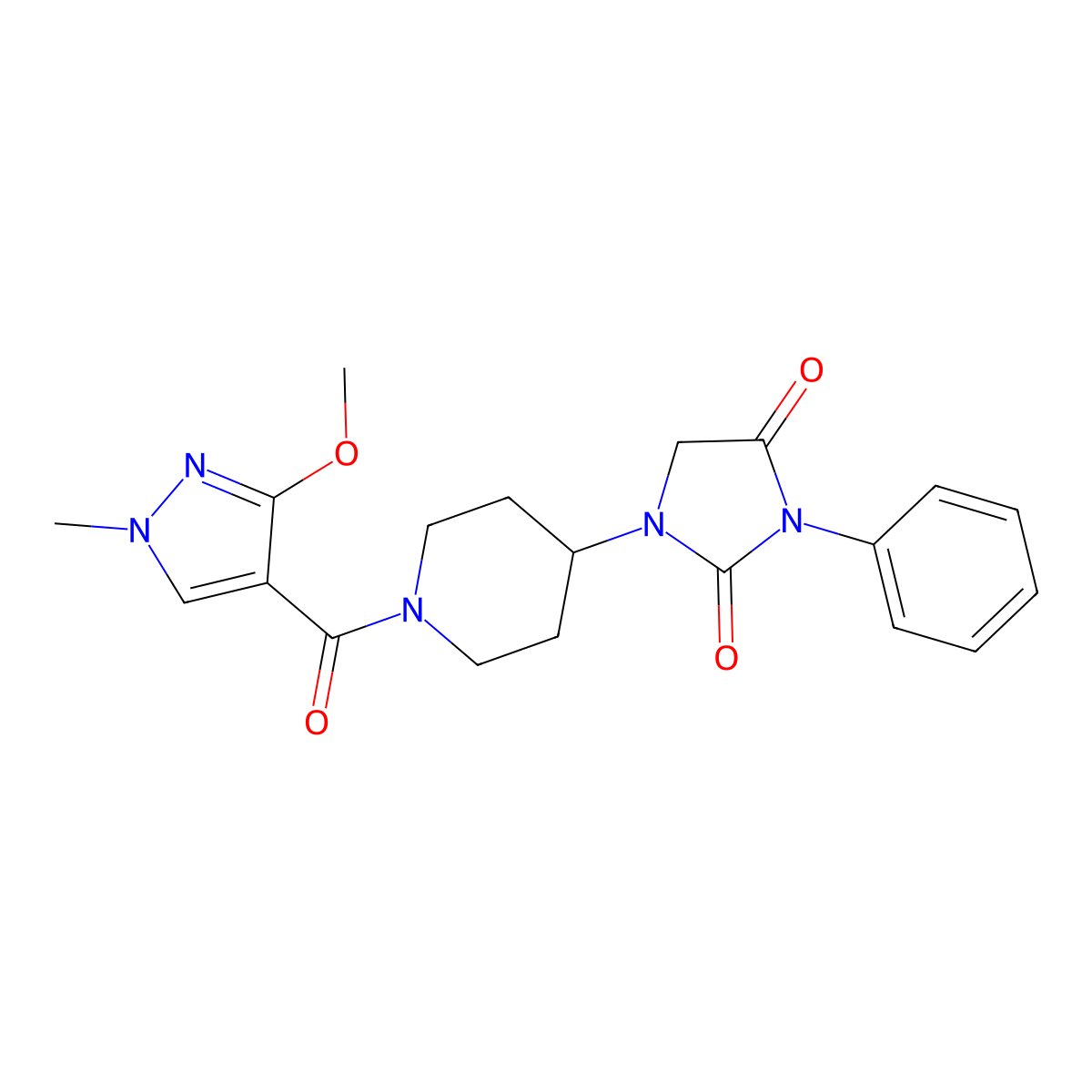 1-(1-(3-methoxy-1-methyl-1H-pyrazole-4-carbonyl)piperidin-4-yl)-3-phenylimidazolidine-2,4-dione molecular structure, CAS 2034604-19-6