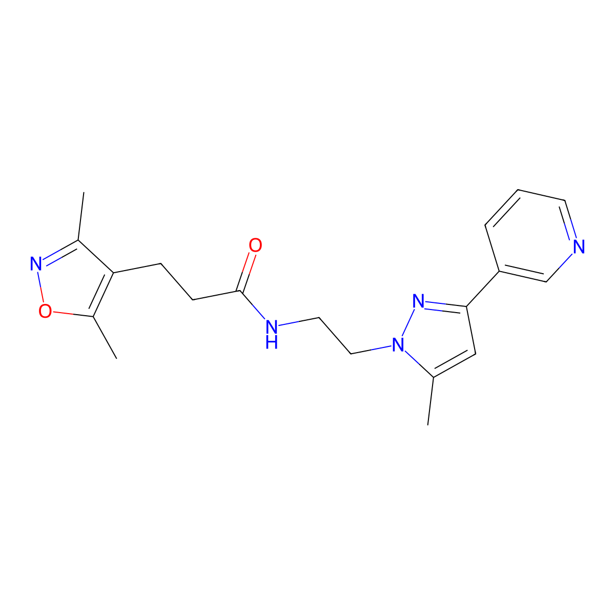 3-(3,5-dimethylisoxazol-4-yl)-N-(2-(5-methyl-3-(pyridin-3-yl)-1H-pyrazol-1-yl)ethyl)propanamide molecular structure, CAS 2034604-32-3