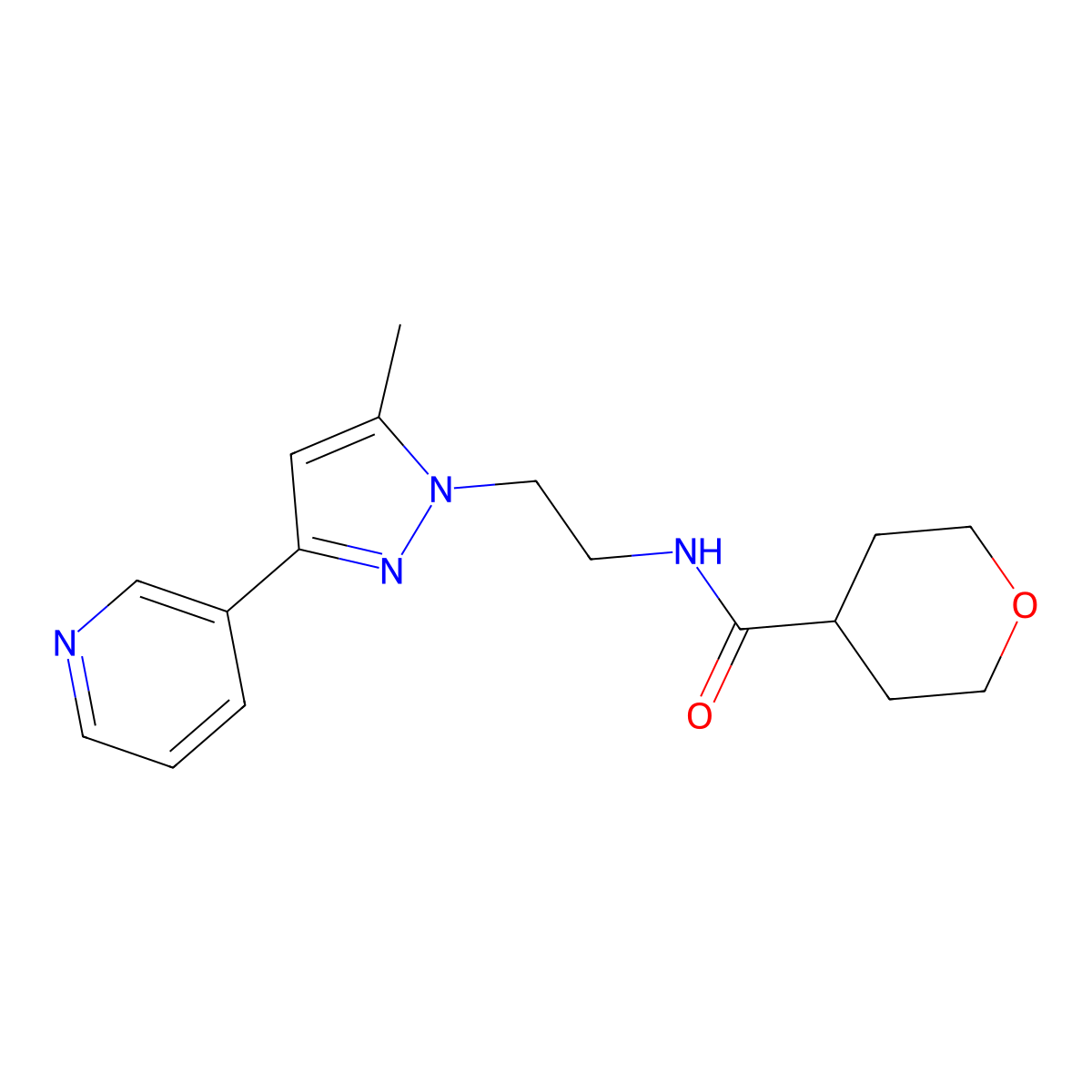 N-(2-(5-methyl-3-(pyridin-3-yl)-1H-pyrazol-1-yl)ethyl)tetrahydro-2H-pyran-4-carboxamide molecular structure, CAS 2034604-40-3