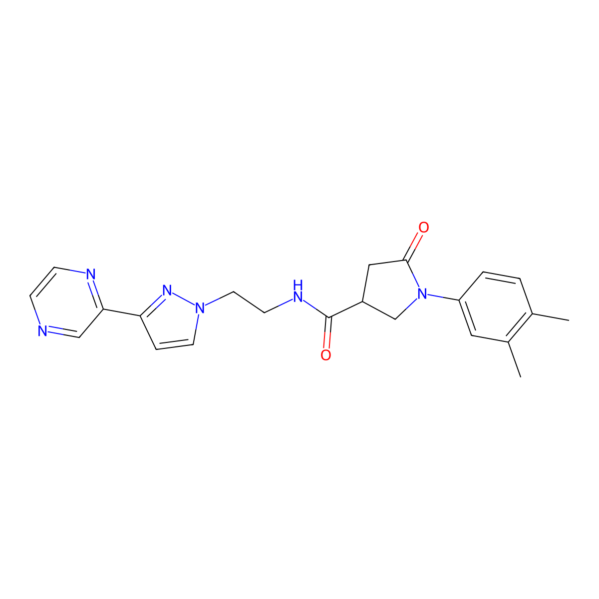 1-(3,4-dimethylphenyl)-5-oxo-N-(2-(3-(pyrazin-2-yl)-1H-pyrazol-1-yl)ethyl)pyrrolidine-3-carboxamide molecular structure, CAS 2034604-73-2