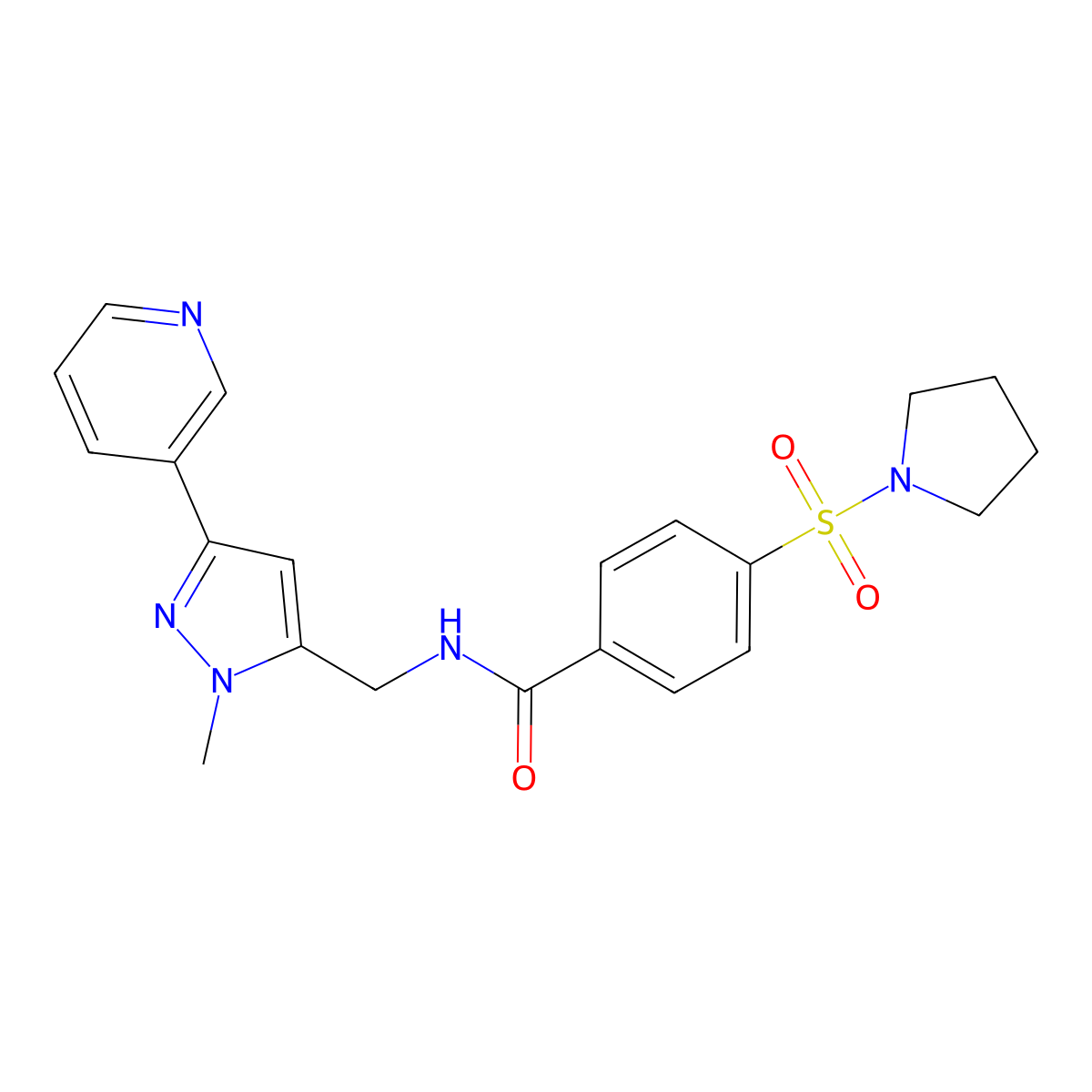 N-((1-methyl-3-(pyridin-3-yl)-1H-pyrazol-5-yl)methyl)-4-(pyrrolidin-1-ylsulfonyl)benzamide molecular structure, CAS 2034604-82-3