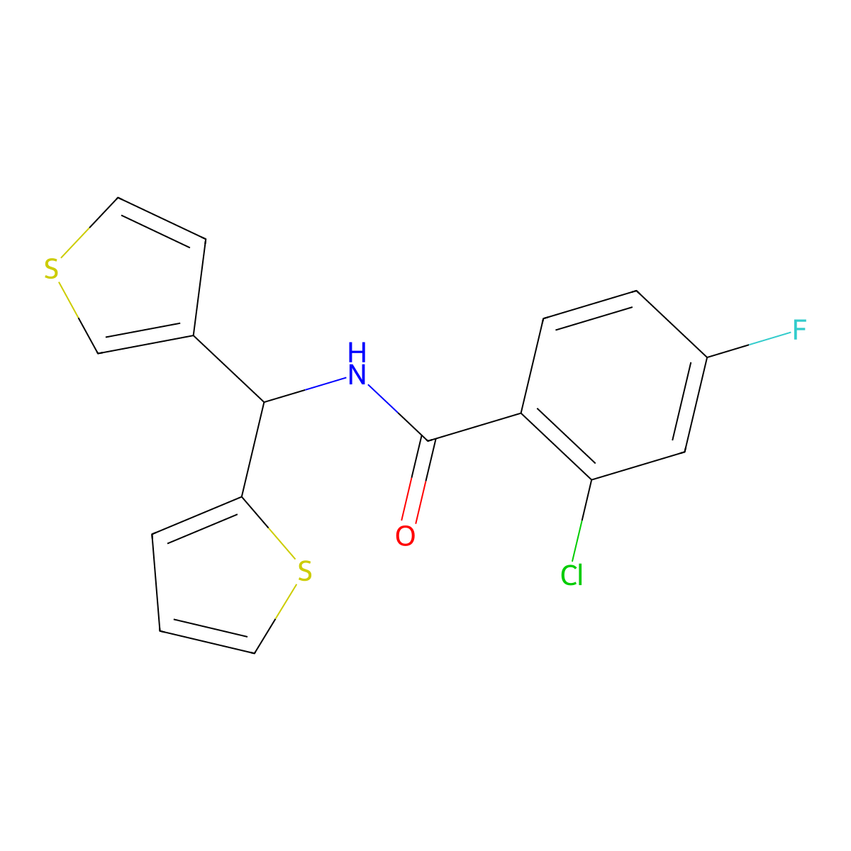 2-chloro-4-fluoro-N-(thiophen-2-yl(thiophen-3-yl)methyl)benzamide molecular structure, CAS 2034604-94-7