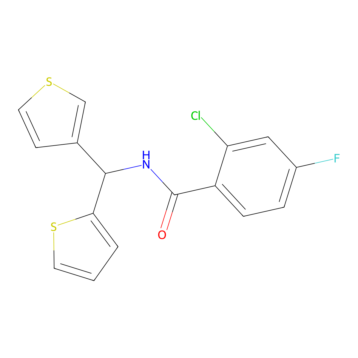 2-chloro-4-fluoro-N-(thiophen-2-yl(thiophen-3-yl)methyl)benzamide molecular structure, CAS 2034604-94-7