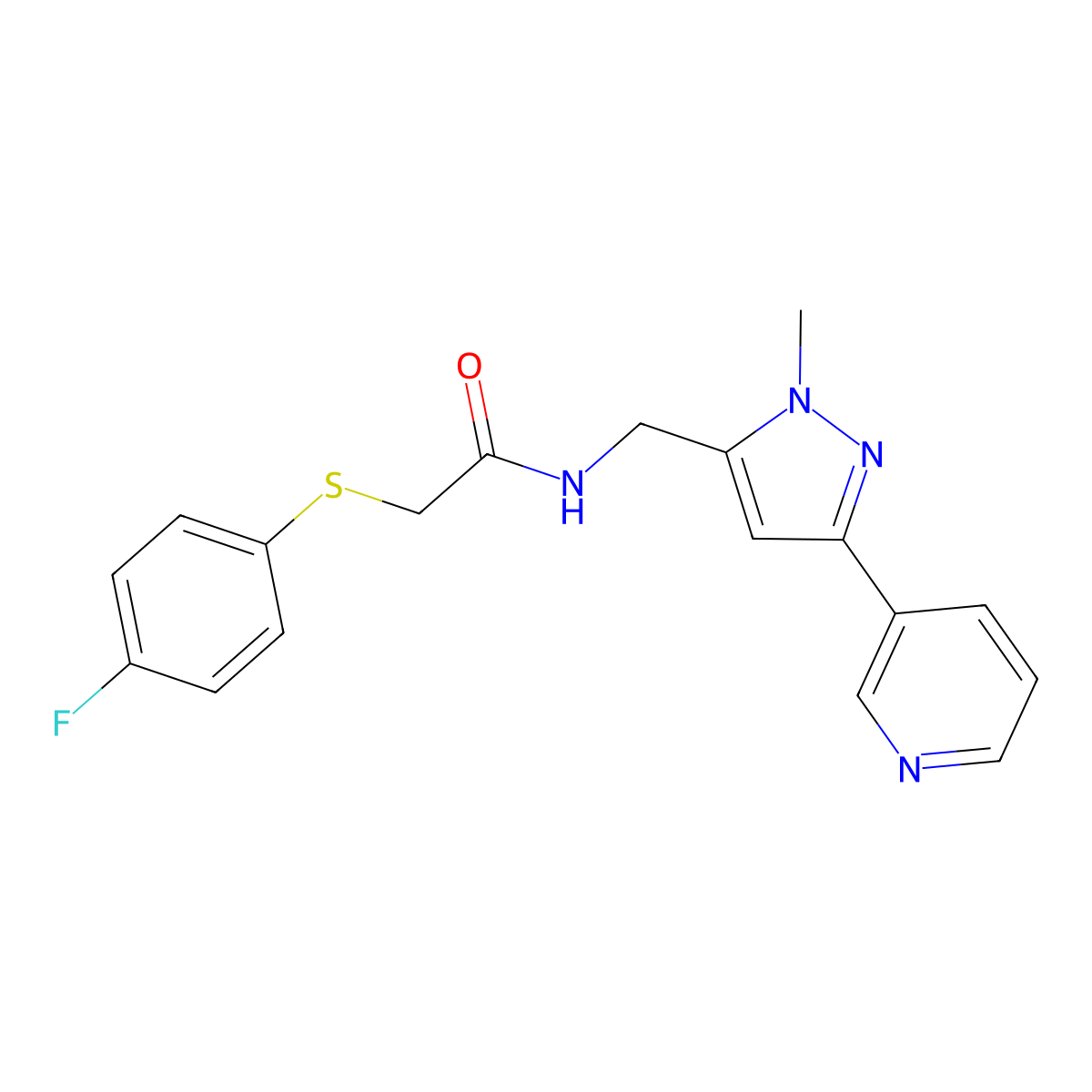 2-((4-fluorophenyl)thio)-N-((1-methyl-3-(pyridin-3-yl)-1H-pyrazol-5-yl)methyl)acetamide molecular structure, CAS 2034605-11-1