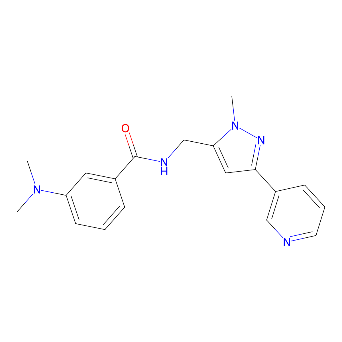 3-(dimethylamino)-N-{[1-methyl-3-(pyridin-3-yl)-1H-pyrazol-5-yl]methyl}benzamide molecular structure, CAS 2034605-15-5