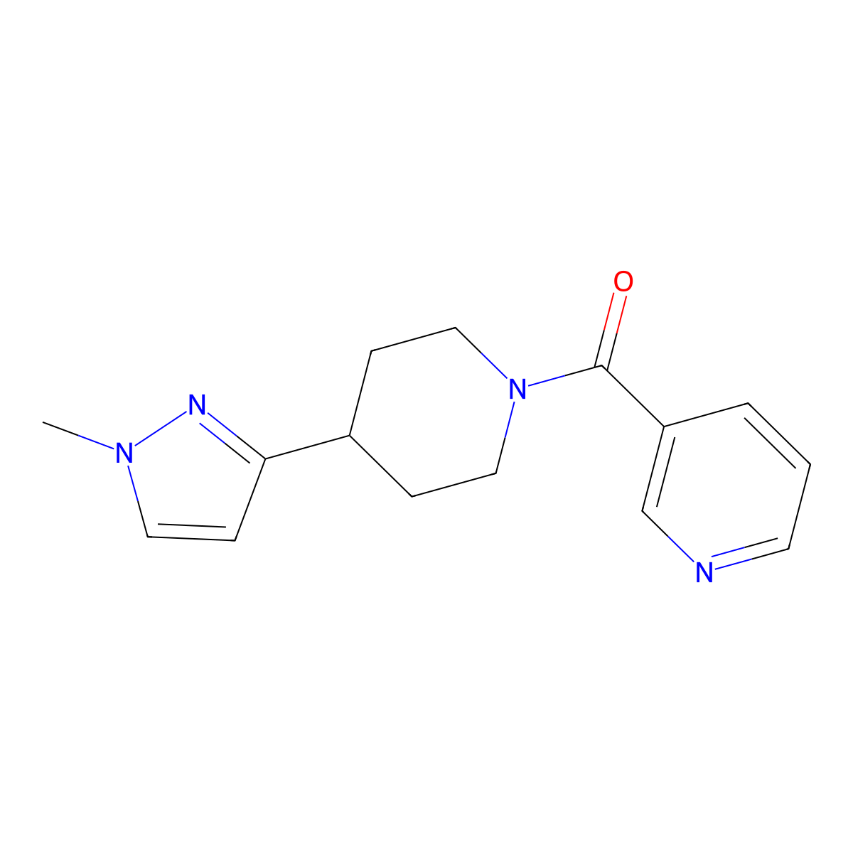(4-(1-methyl-1H-pyrazol-3-yl)piperidin-1-yl)(pyridin-3-yl)methanone molecular structure, CAS 2034605-21-3
