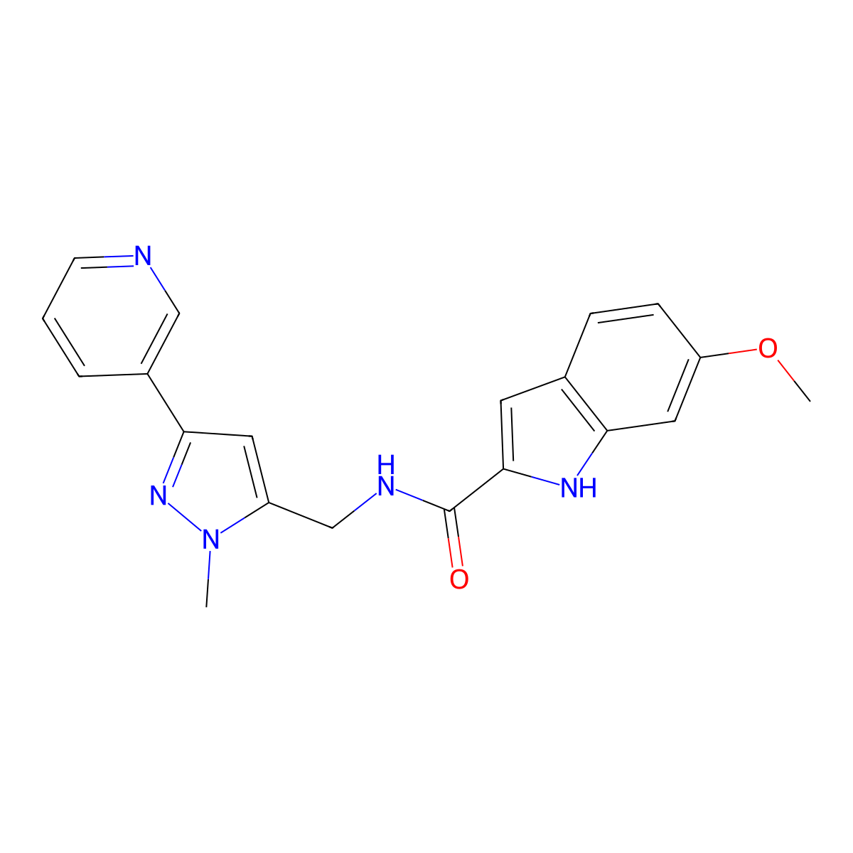6-methoxy-N-{[1-methyl-3-(pyridin-3-yl)-1H-pyrazol-5-yl]methyl}-1H-indole-2-carboxamide molecular structure, CAS 2034605-27-9