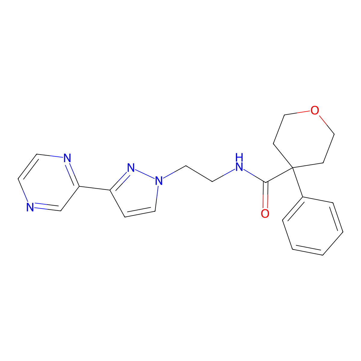 4-phenyl-N-(2-(3-(pyrazin-2-yl)-1H-pyrazol-1-yl)ethyl)tetrahydro-2H-pyran-4-carboxamide molecular structure, CAS 2034605-31-5