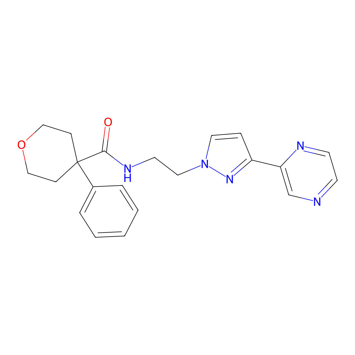4-phenyl-N-(2-(3-(pyrazin-2-yl)-1H-pyrazol-1-yl)ethyl)tetrahydro-2H-pyran-4-carboxamide molecular structure, CAS 2034605-31-5