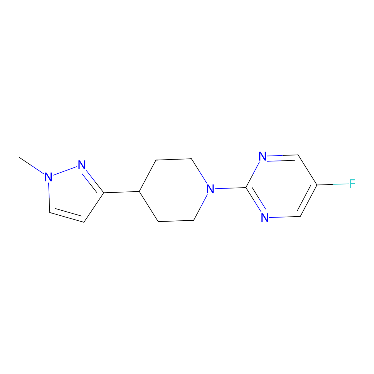 5-fluoro-2-(4-(1-methyl-1H-pyrazol-3-yl)piperidin-1-yl)pyrimidine molecular structure, CAS 2034605-33-7