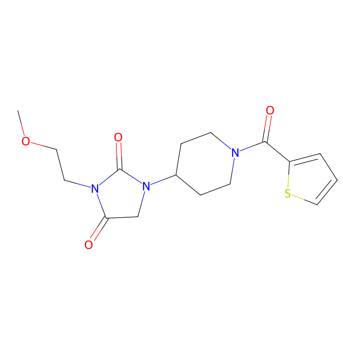 3-(2-Methoxyethyl)-1-[1-(thiophene-2-carbonyl)piperidin-4-yl]imidazolidine-2,4-dione molecular structure, CAS 2034605-37-1