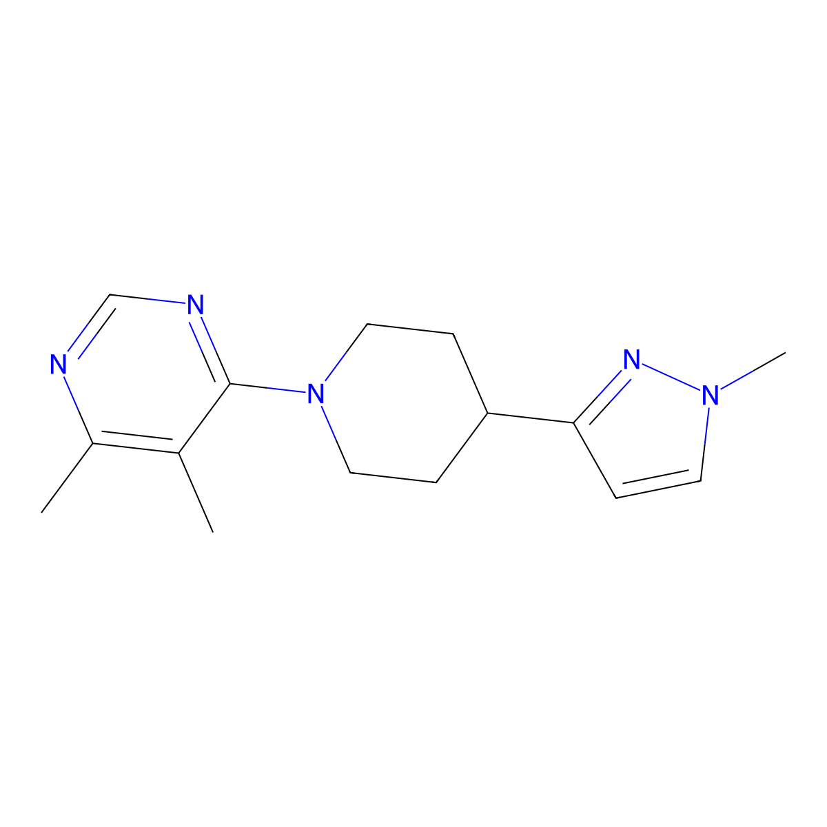 4,5-dimethyl-6-(4-(1-methyl-1H-pyrazol-3-yl)piperidin-1-yl)pyrimidine molecular structure, CAS 2034605-42-8