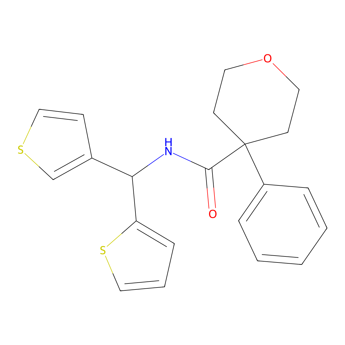 4-phenyl-N-(thiophen-2-yl(thiophen-3-yl)methyl)tetrahydro-2H-pyran-4-carboxamide molecular structure, CAS 2034605-44-0