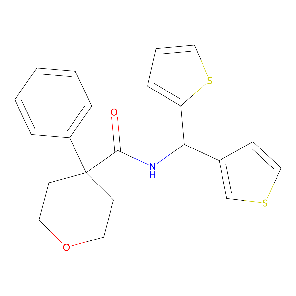 4-phenyl-N-(thiophen-2-yl(thiophen-3-yl)methyl)tetrahydro-2H-pyran-4-carboxamide molecular structure, CAS 2034605-44-0