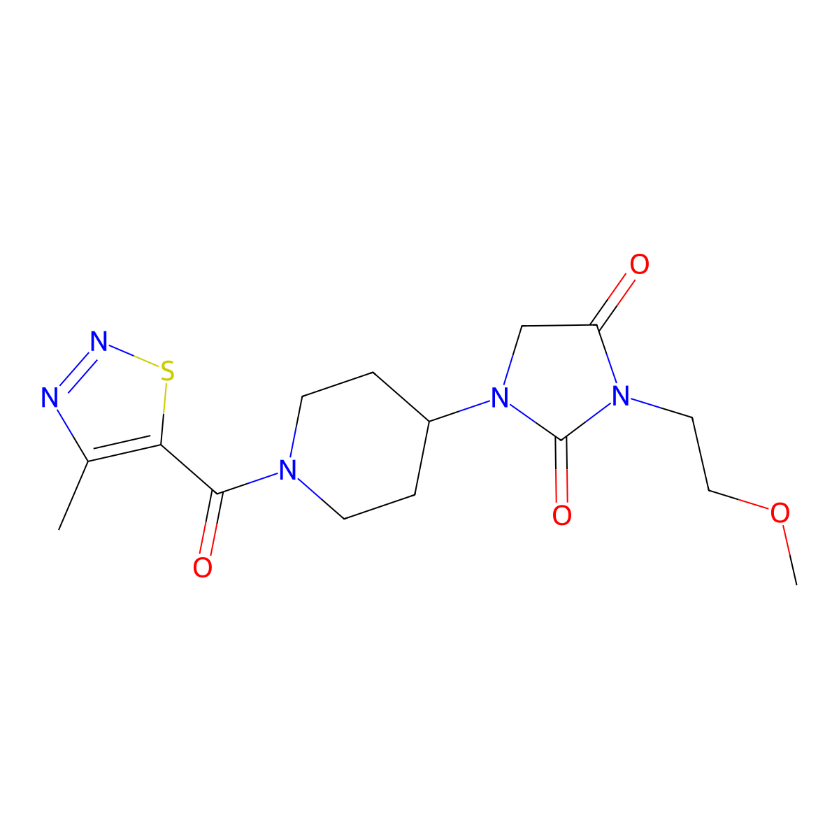 3-(2-Methoxyethyl)-1-[1-(4-methyl-1,2,3-thiadiazole-5-carbonyl)piperidin-4-yl]imidazolidine-2,4-dione molecular structure, CAS 2034605-45-1