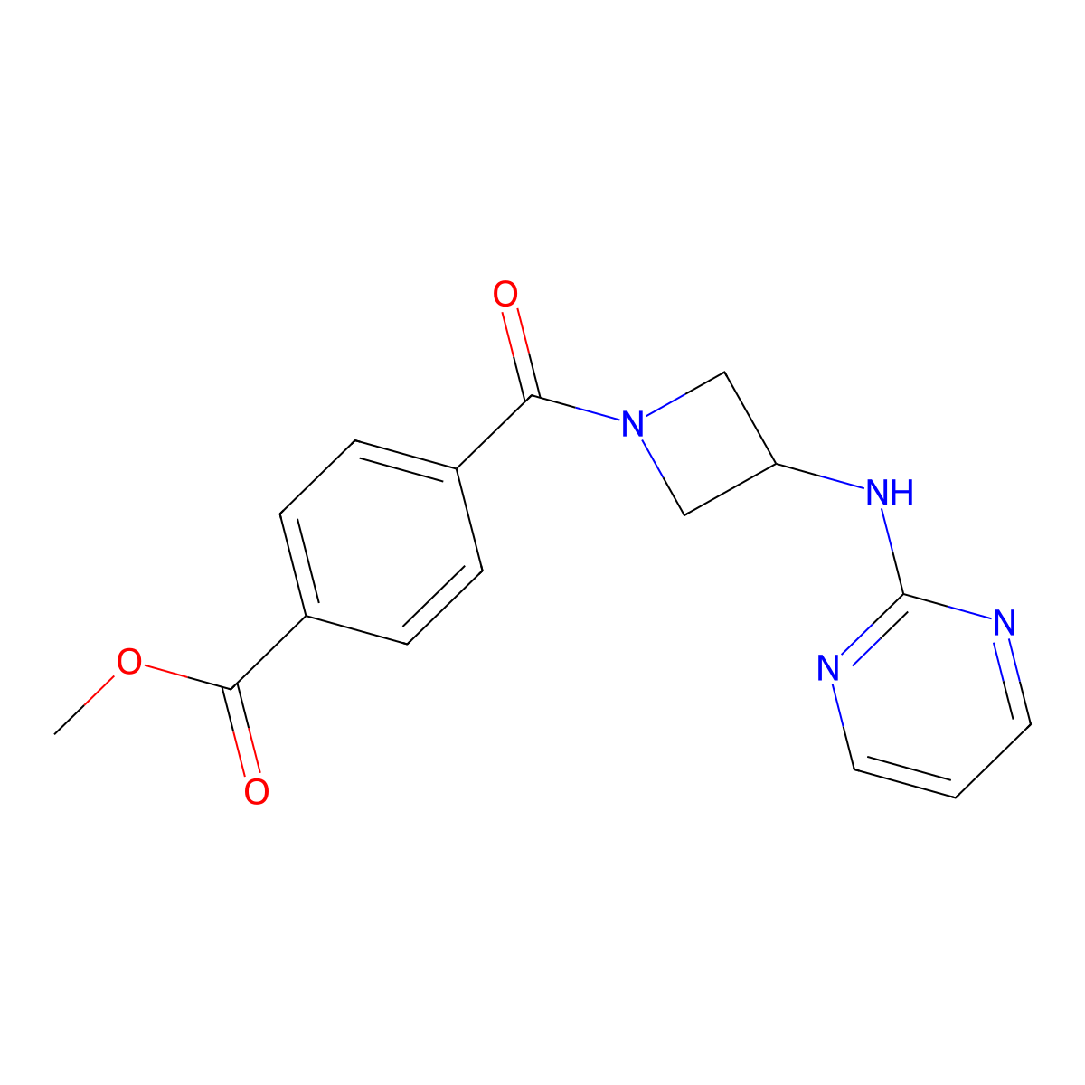 Methyl 4-(3-(pyrimidin-2-ylamino)azetidine-1-carbonyl)benzoate molecular structure, CAS 2034605-46-2
