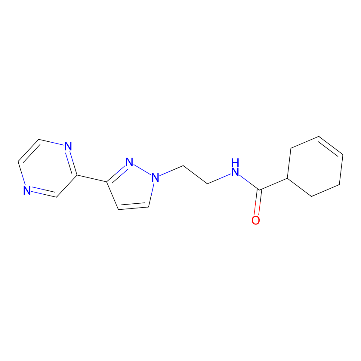 N-(2-(3-(pyrazin-2-yl)-1H-pyrazol-1-yl)ethyl)cyclohex-3-enecarboxamide molecular structure, CAS 2034605-47-3