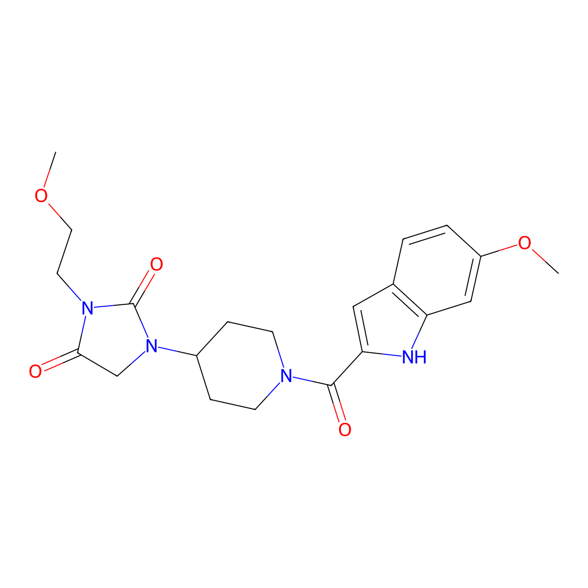 1-[1-(6-methoxy-1H-indole-2-carbonyl)piperidin-4-yl]-3-(2-methoxyethyl)imidazolidine-2,4-dione molecular structure, CAS 2034605-52-0