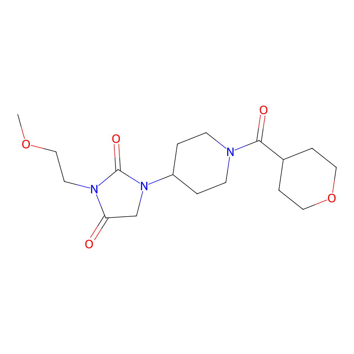 3-(2-Methoxyethyl)-1-[1-(oxane-4-carbonyl)piperidin-4-yl]imidazolidine-2,4-dione molecular structure, CAS 2034605-60-0