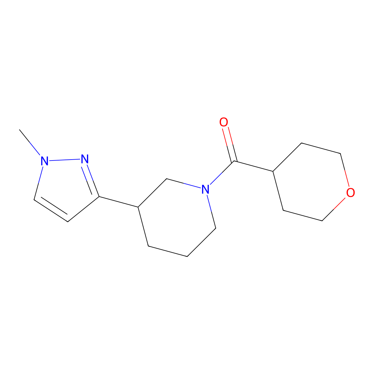 (3-(1-methyl-1H-pyrazol-3-yl)piperidin-1-yl)(tetrahydro-2H-pyran-4-yl)methanone molecular structure, CAS 2034605-67-7