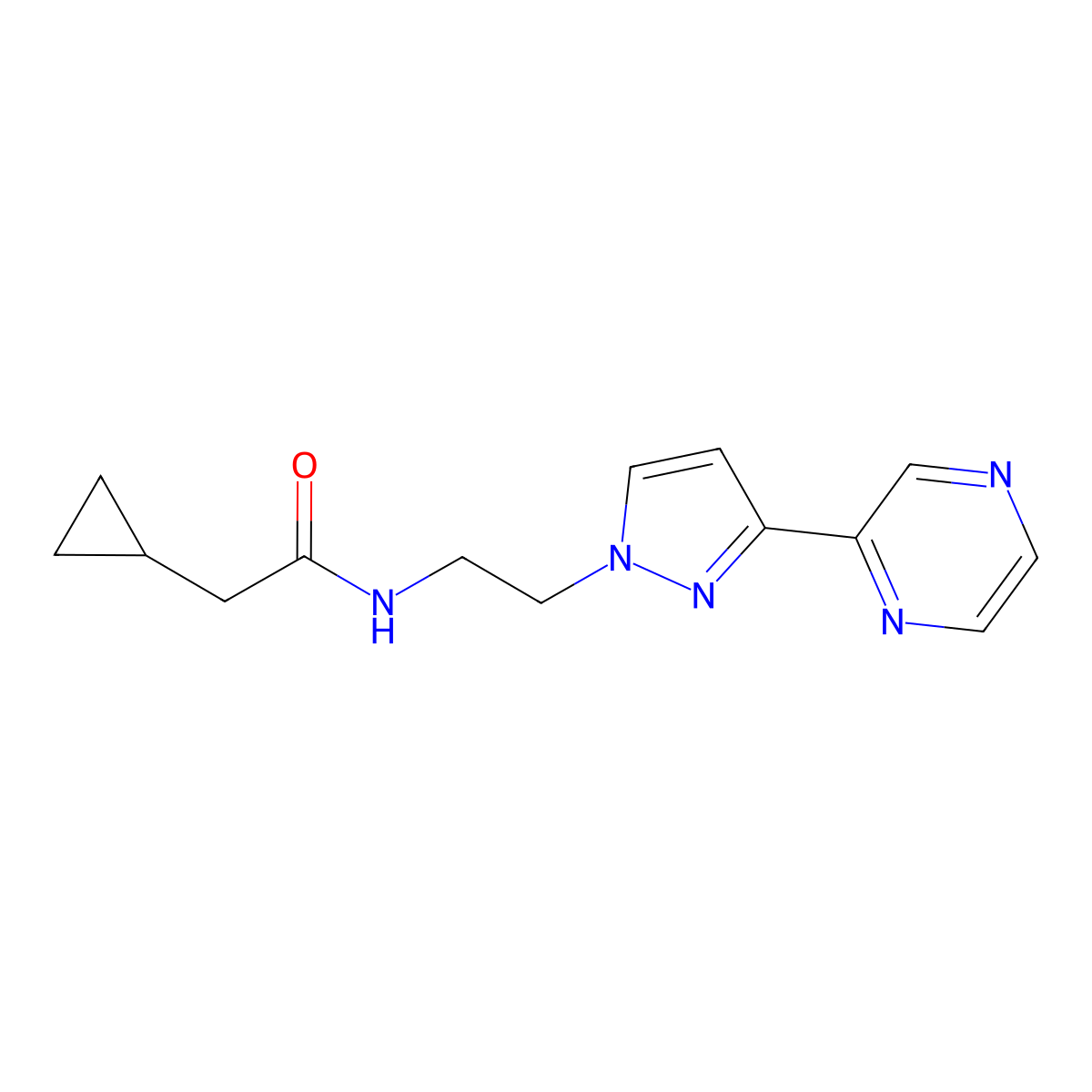 2-cyclopropyl-N-(2-(3-(pyrazin-2-yl)-1H-pyrazol-1-yl)ethyl)acetamide molecular structure, CAS 2034605-69-9