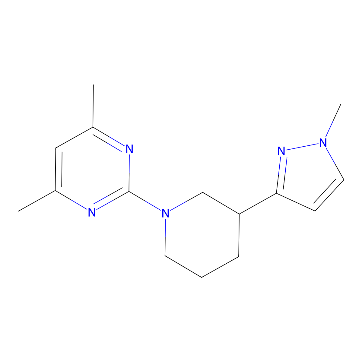 4,6-dimethyl-2-[3-(1-methyl-1H-pyrazol-3-yl)piperidin-1-yl]pyrimidine molecular structure, CAS 2034605-77-9