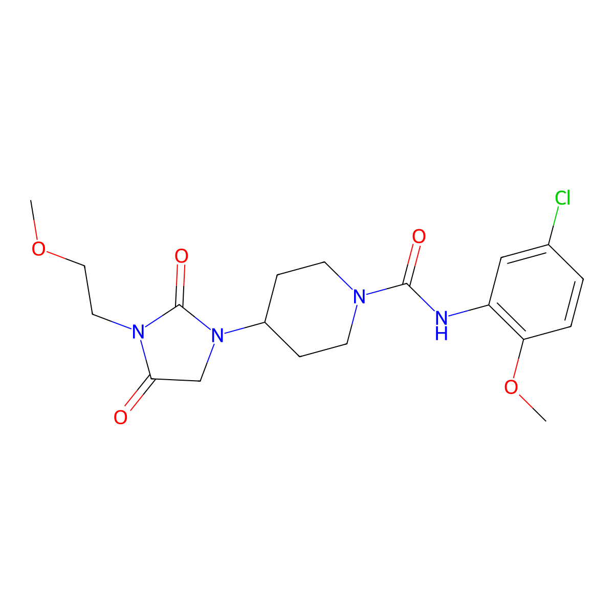 N-(5-chloro-2-methoxyphenyl)-4-[3-(2-methoxyethyl)-2,4-dioxoimidazolidin-1-yl]piperidine-1-carboxamide molecular structure, CAS 2034605-86-0