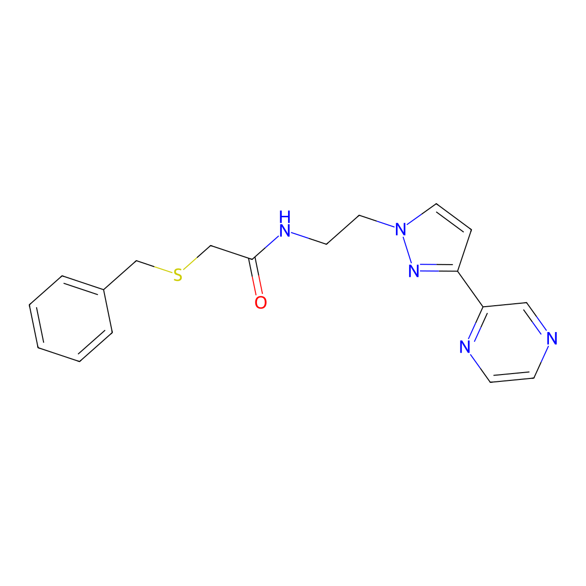 2-(benzylthio)-N-(2-(3-(pyrazin-2-yl)-1H-pyrazol-1-yl)ethyl)acetamide molecular structure, CAS 2034605-96-2
