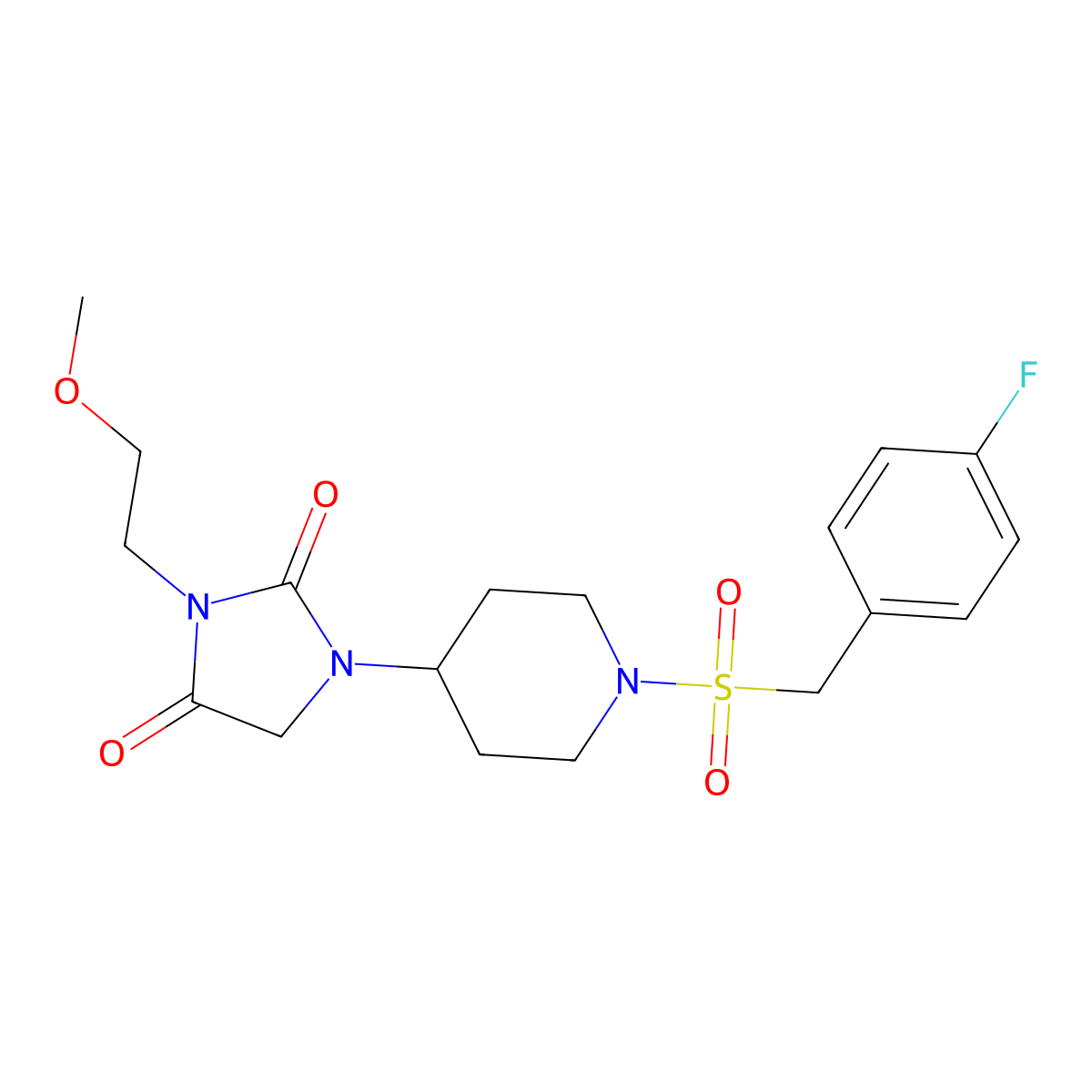 1-(1-((4-Fluorobenzyl)sulfonyl)piperidin-4-yl)-3-(2-methoxyethyl)imidazolidine-2,4-dione molecular structure, CAS 2034606-00-1