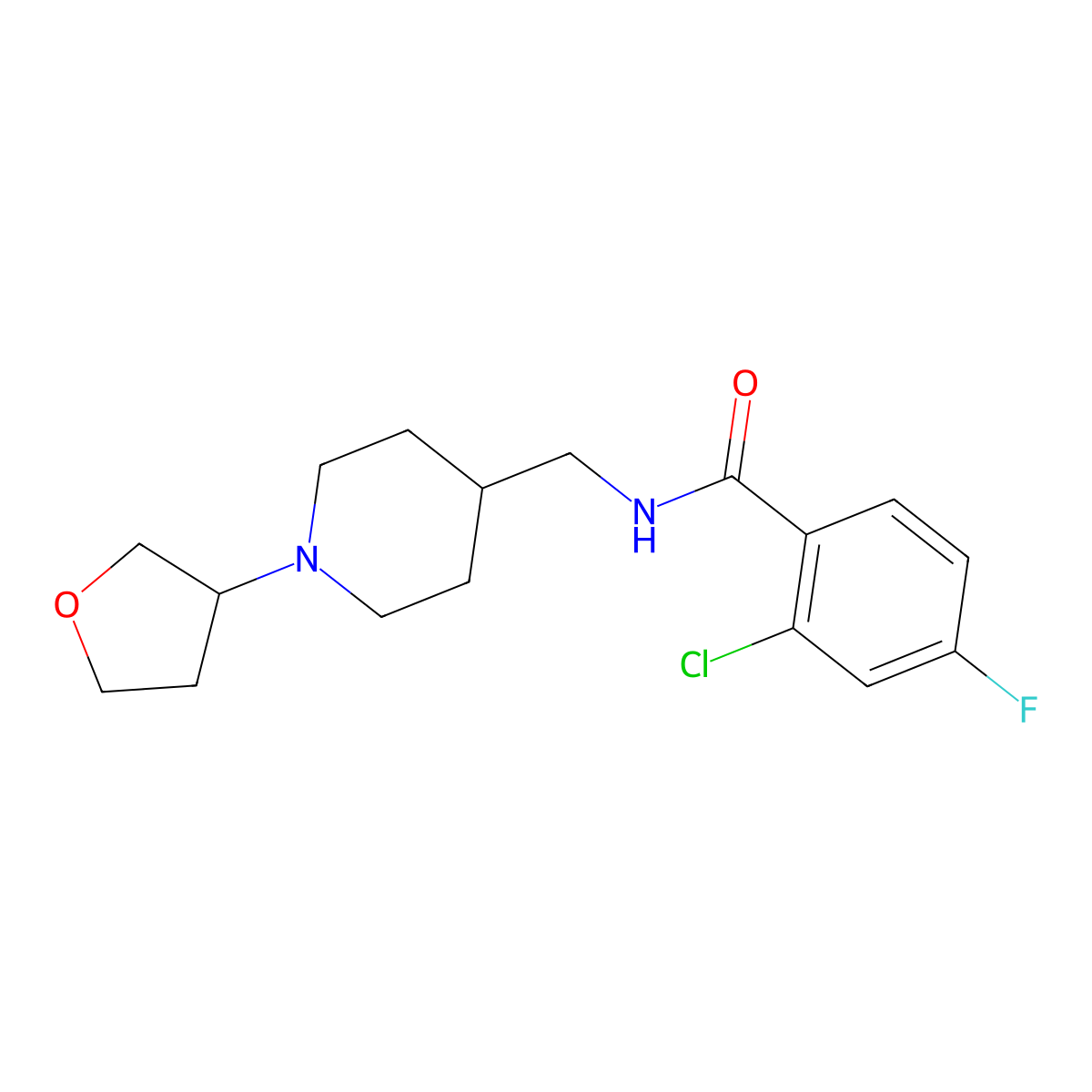 2-chloro-4-fluoro-N-((1-(tetrahydrofuran-3-yl)piperidin-4-yl)methyl)benzamide molecular structure, CAS 2034606-32-9
