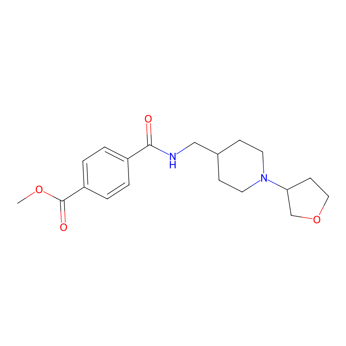 Methyl 4-(((1-(tetrahydrofuran-3-yl)piperidin-4-yl)methyl)carbamoyl)benzoate molecular structure, CAS 2034606-35-2