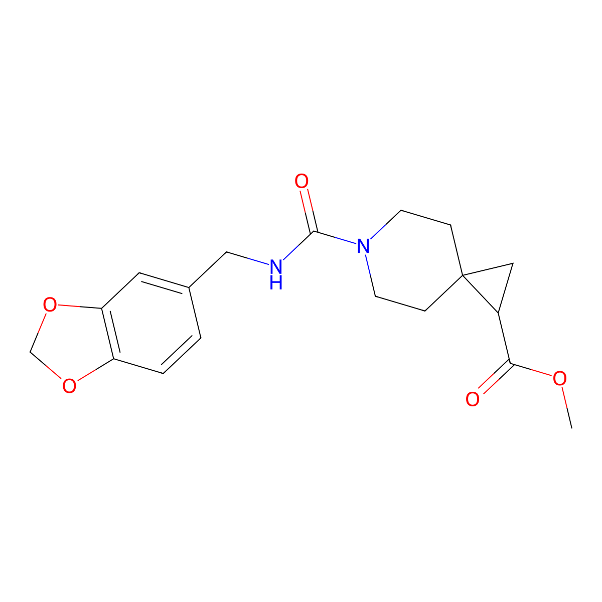 Methyl 6-((benzo[d][1,3]dioxol-5-ylmethyl)carbamoyl)-6-azaspiro[2.5]octane-1-carboxylate molecular structure, CAS 2034606-86-3