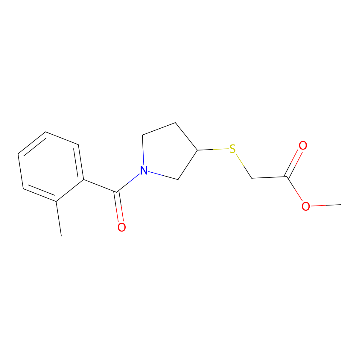 Methyl 2-((1-(2-methylbenzoyl)pyrrolidin-3-yl)thio)acetate molecular structure, CAS 2034606-97-6