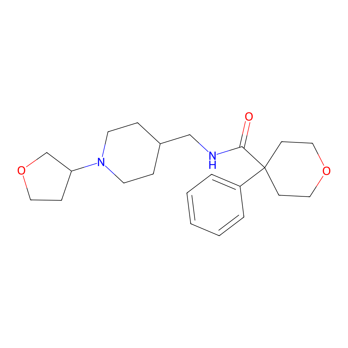 4-phenyl-N-((1-(tetrahydrofuran-3-yl)piperidin-4-yl)methyl)tetrahydro-2H-pyran-4-carboxamide molecular structure, CAS 2034607-05-9