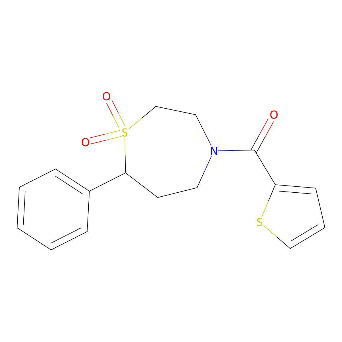 (1,1-Dioxido-7-phenyl-1,4-thiazepan-4-yl)(thiophen-2-yl)methanone molecular structure, CAS 2034607-06-0
