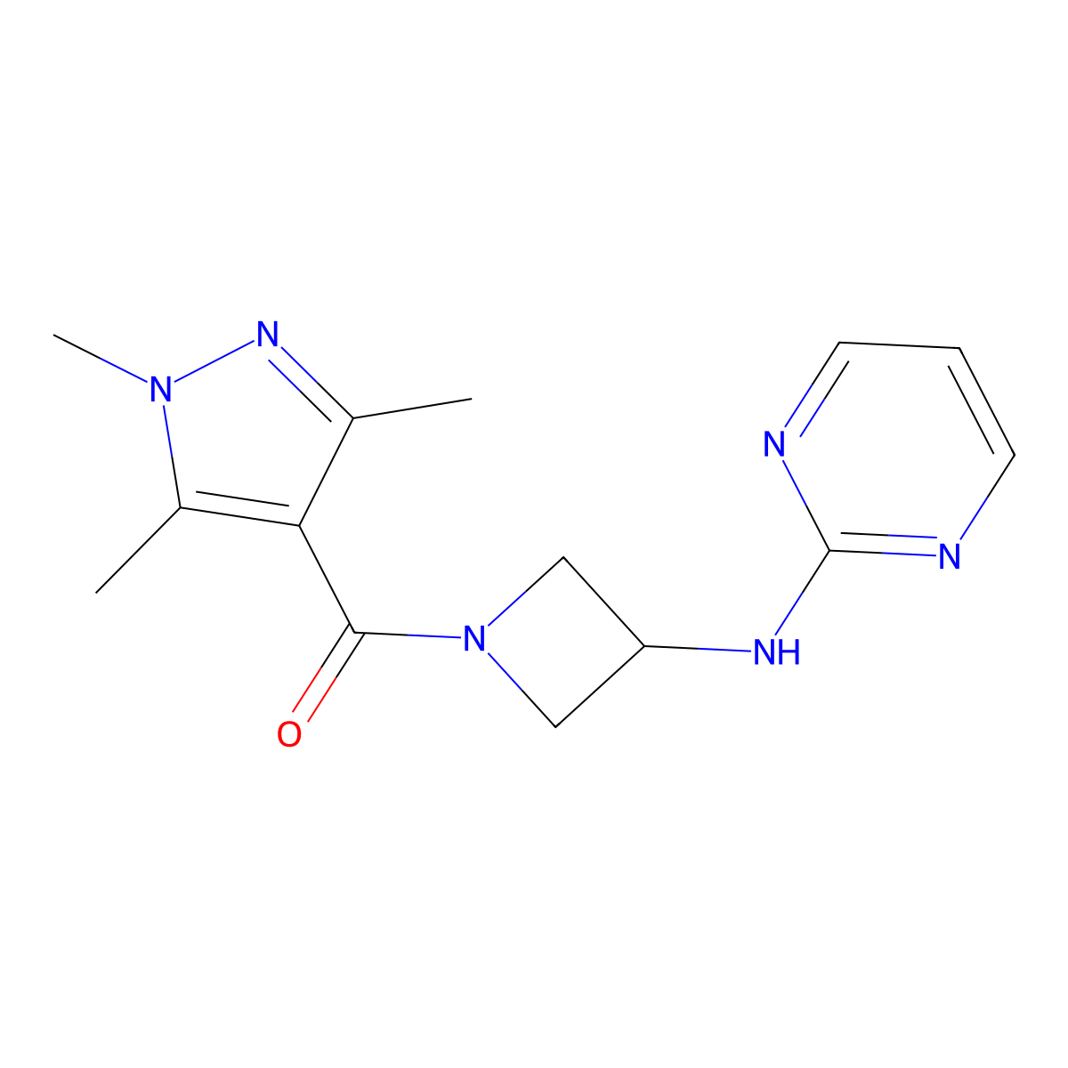 (3-(pyrimidin-2-ylamino)azetidin-1-yl)(1,3,5-trimethyl-1H-pyrazol-4-yl)methanone molecular structure, CAS 2034607-07-1