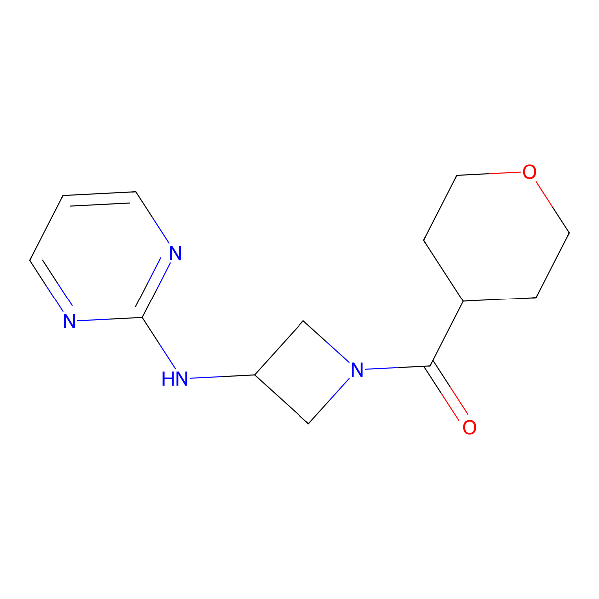 (3-(pyrimidin-2-ylamino)azetidin-1-yl)(tetrahydro-2H-pyran-4-yl)methanone molecular structure, CAS 2034607-14-0