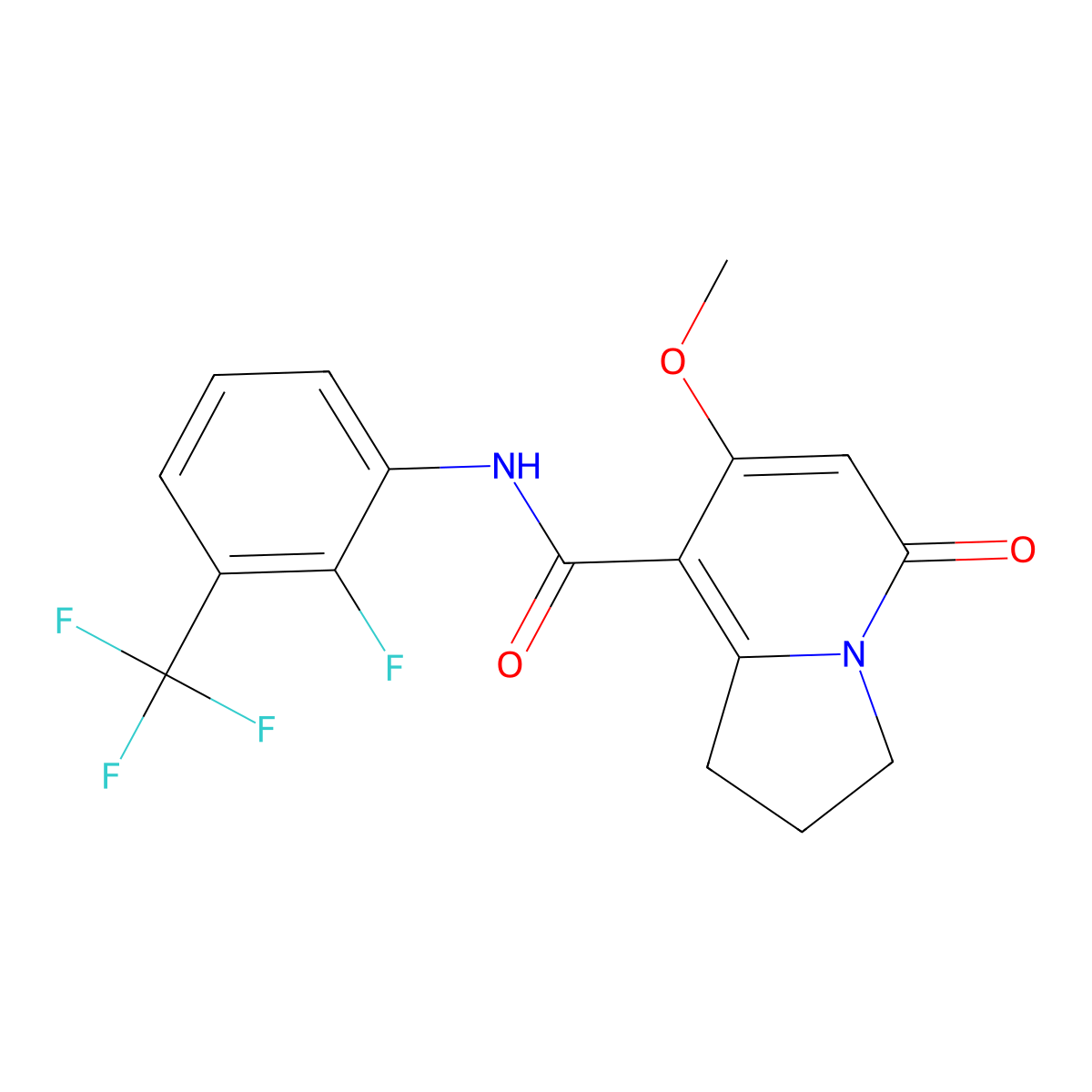 N-(2-fluoro-3-(trifluoromethyl)phenyl)-7-methoxy-5-oxo-1,2,3,5-tetrahydroindolizine-8-carboxamide molecular structure, CAS 2034607-21-9