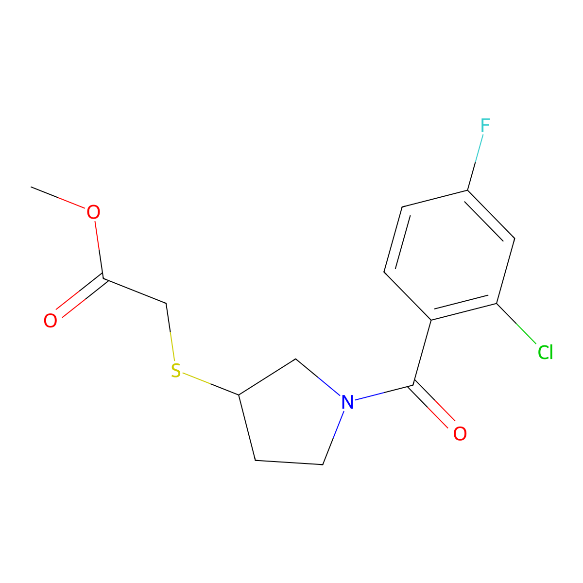 Methyl 2-((1-(2-chloro-4-fluorobenzoyl)pyrrolidin-3-yl)thio)acetate molecular structure, CAS 2034607-22-0