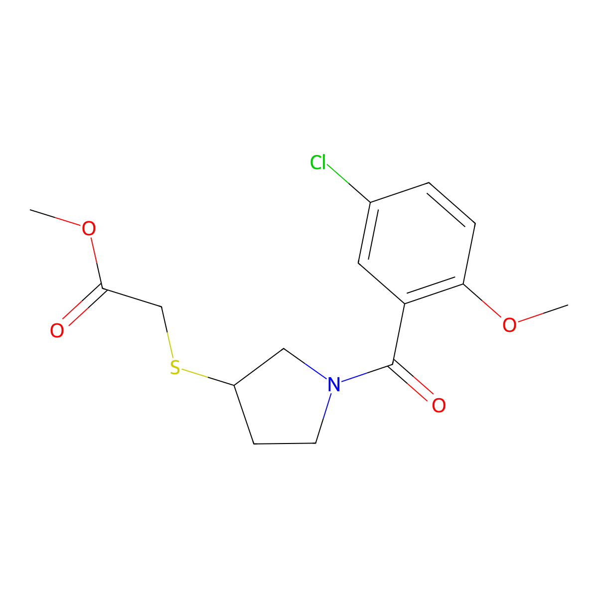 Methyl 2-((1-(5-chloro-2-methoxybenzoyl)pyrrolidin-3-yl)thio)acetate molecular structure, CAS 2034607-30-0