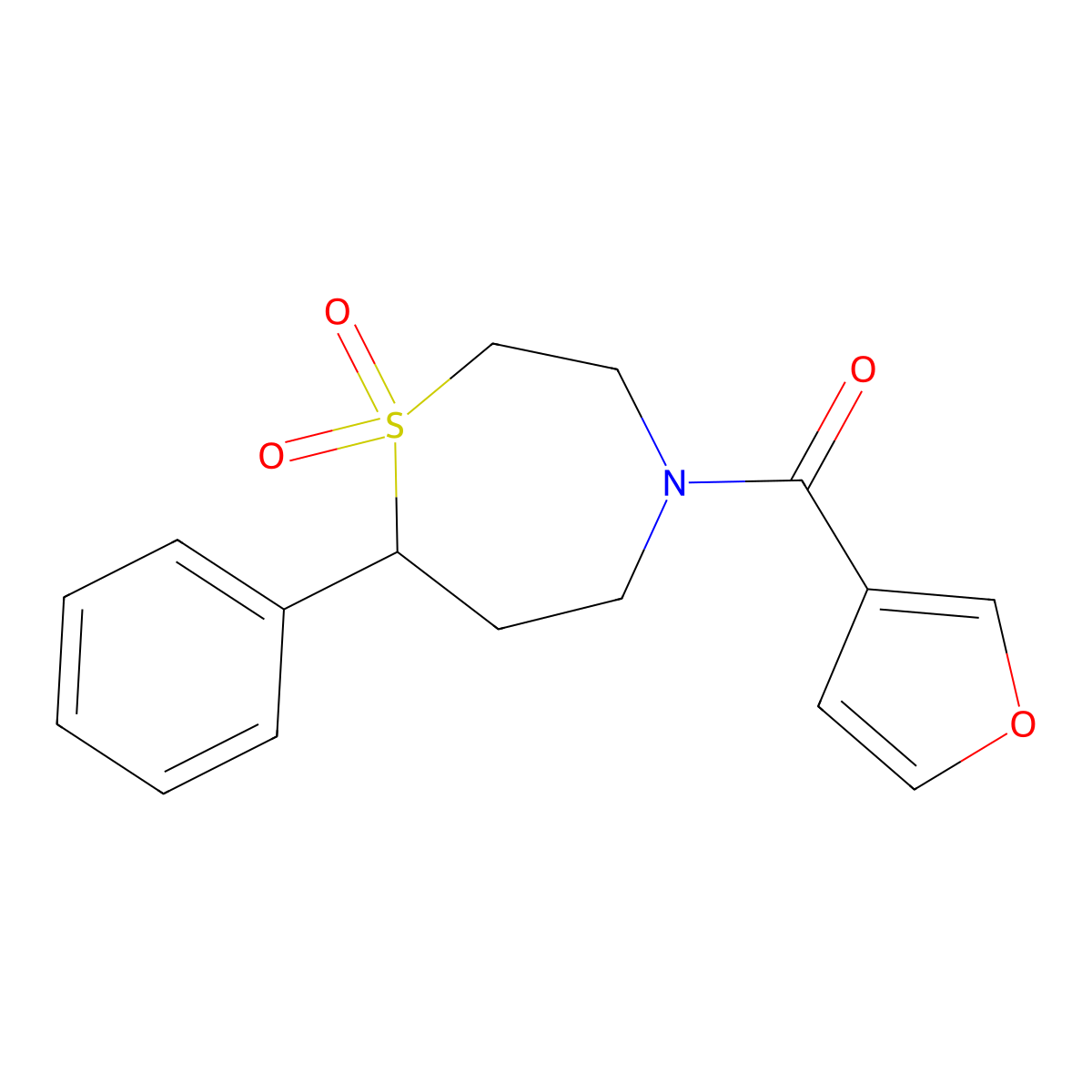 (1,1-Dioxido-7-phenyl-1,4-thiazepan-4-yl)(furan-3-yl)methanone molecular structure, CAS 2034607-31-1