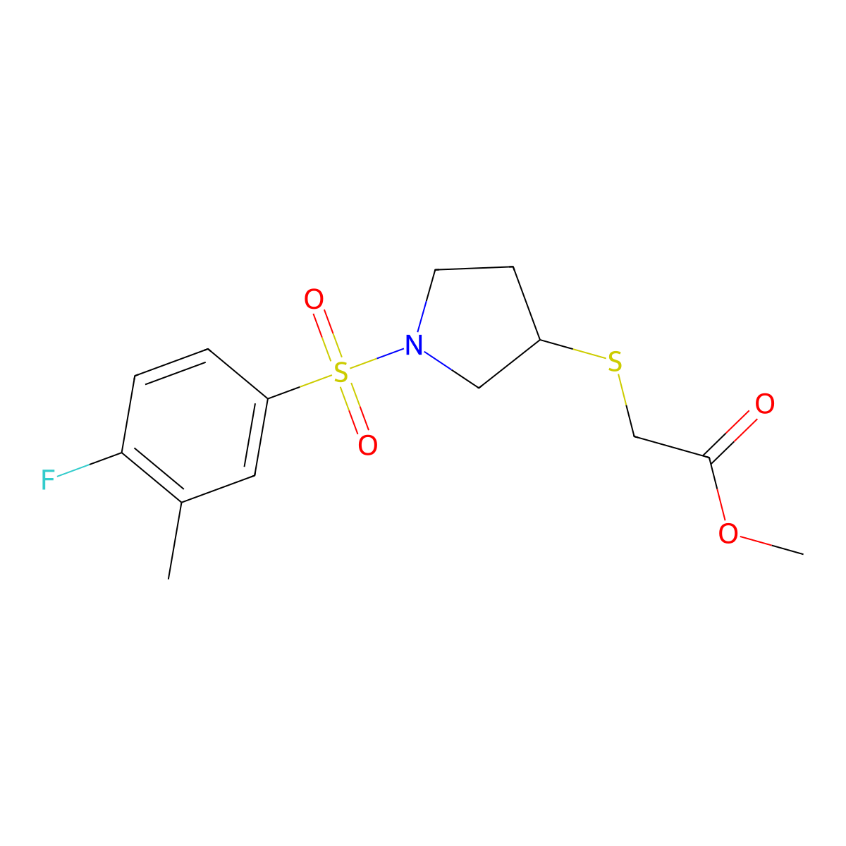 Methyl 2-((1-((4-fluoro-3-methylphenyl)sulfonyl)pyrrolidin-3-yl)thio)acetate molecular structure, CAS 2034607-40-2